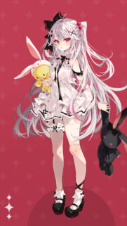 Cute Anime Girl with White Hair and Plushie Rabbits Wallpaper for Mobile