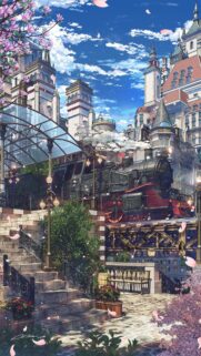 Anime Fantasy Train Station with Cherry Blossoms Mobile Wallpaper