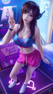 D.Va Overwatch Gamer Girl Aesthetic Mobile Wallpaper in Neon Arcade Setting