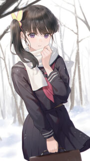 Beautiful Anime Girl in Winter School Uniform High Quality Mobile Wallpaper
