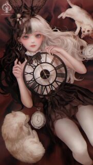 Anime Girl with Clocks and Pets Aesthetic High Quality Wallpaper