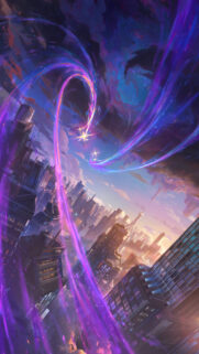 Stunning Anime Cityscape with Magical Purple Light Trails Phone Wallpaper