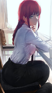 Makima Chainsaw Man Anime Girl Sitting at Cafe Window Wallpaper