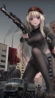 Giant Anime Girl Soldier with Assault Rifle in Urban Battlefield Wallpaper