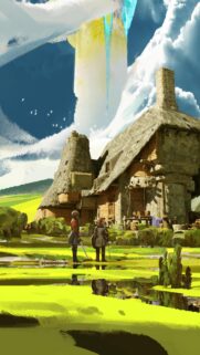 Fantasy Adventure Duo Standing Before an Ancient Stone Cottage Wallpaper