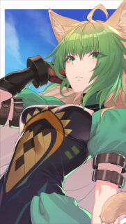 Stunning Anime Fox Girl Warrior with Green Hair and Golden Eyes Mobile Wallpaper