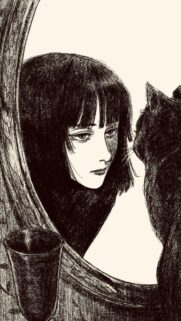 Melancholic Anime Girl with Black Cat Sketch Style Wallpaper for Mobile