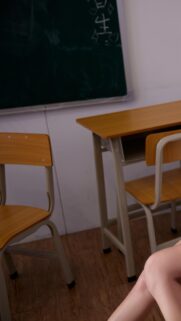 Aesthetic School Classroom Interior with Wooden Desks and Chalkboard Wallpaper