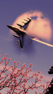 F-16 Fighter Jet with Angel Wings Over Sakura Blossoms Mobile Wallpaper