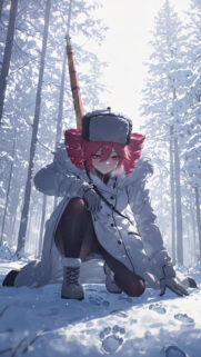 Anime Girl Sniper in Snowy Forest High Quality Mobile Wallpaper