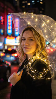 Beautiful Woman Under Illuminated Umbrella in City Night Wallpaper
