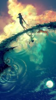 Anime Girl Walking Dog by the Water Reflection Aesthetic Wallpaper