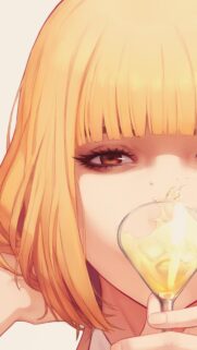 Stunning Anime Girl with Blonde Hair Drinking Cocktail Mobile Wallpaper
