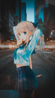 Anime School Girl with Toast in City Street Background Wallpaper