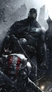 Dark Knight Batman Standing on Gargoyle in Snow Mobile Wallpaper