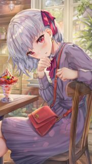 Anime Girl with Short Silver Hair Eating Dessert Cafe Wallpaper