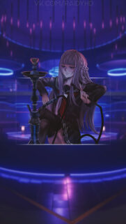 Anime Girl With Hookah in Neon Lounge Aesthetic Wallpaper