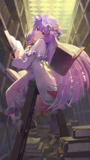 Purple Haired Anime Girl Reading Magic Books in Library Wallpaper