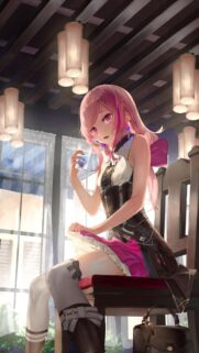 Anime Girl Drinking Soda in a Cozy Cafe Digital Art Wallpaper