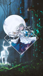 Anime Girl Playing Violin in Enchanted Moonlit Forest Phone Wallpaper