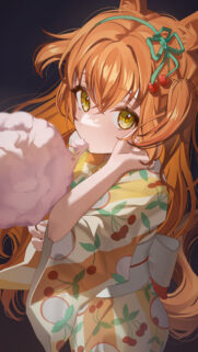 Cute Anime Girl with Cotton Candy and Cherry Yukata Mobile Wallpaper