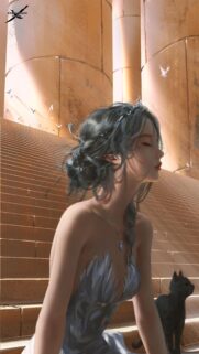 Ethereal Fantasy Girl with Black Cat Digital Art Wallpaper