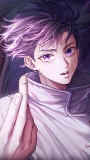 Stunning Anime Boy with Purple Eyes and Hair Mobile Wallpaper