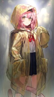 Cute Anime Girl in Yellow Raincoat Standing in the Rain Wallpaper