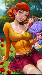 Beautiful Redhead Girl with Flowers in Sunny Meadow Digital Art Wallpaper