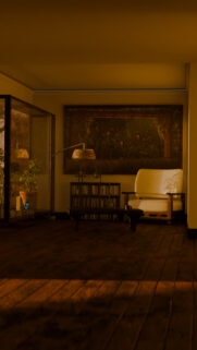 Cozy Warm Living Room Interior with Vintage Aesthetic and Soft Golden Lighting