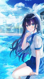 Beautiful Anime Girl at School Swimming Pool Summer Aesthetic Wallpaper