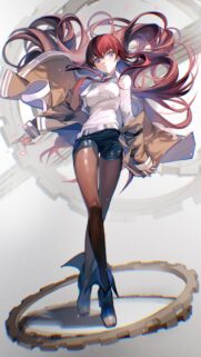 Anime Girl with Red Hair and Steampunk Gear Design Wallpaper