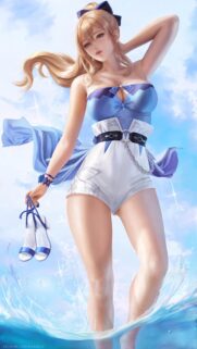 Stunning Blonde Anime Girl in Summer Beach Outfit Mobile Wallpaper