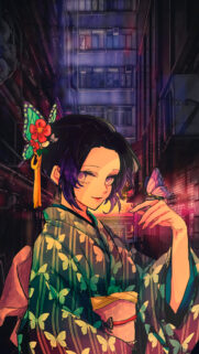 Shinobu Kocho Butterfly Kimono Anime Girl Urban Night Wallpaper