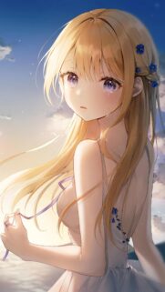 Anime Girl with Golden Hair and Blue Flowers Portrait High Quality Wallpaper