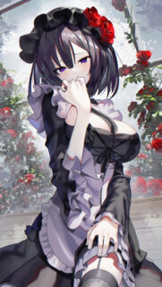 Anime Maid Girl with Red Roses Aesthetic Wallpaper in High Resolution