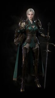 Stunning Fantasy Female Warrior with Green Armor and Silver Sword Mobile Wallpaper