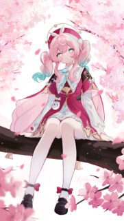Cute Anime Girl Sitting on Cherry Blossom Tree Aesthetic Mobile Wallpaper