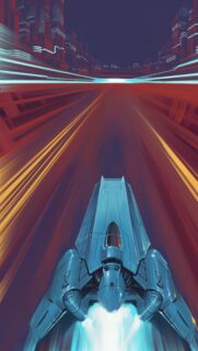 Futuristic Sci-Fi Spaceship Flying Through Cyberpunk City Wallpaper