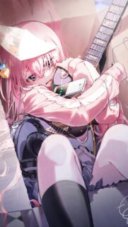 Anime Girl with Pink Hair Playing Guitar Mobile Wallpaper