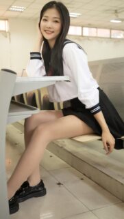 Smiling Asian Schoolgirl in Uniform Sitting at Desk High Quality Wallpaper