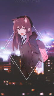 Cute Anime Girl with Cat Ears Urban City Night Aesthetic Wallpaper for Mobile