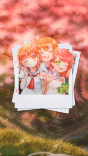 Anime Girls Best Friends Polaroids under Cherry Blossoms Wallpaper