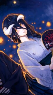 Albedo Overlord in Yukata with Lanterns Mobile Wallpaper