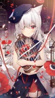Anime Girl with White Hair and Red Flower in Birdcage Aesthetic Wallpaper
