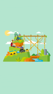 Colorful Flat Vector Illustration of Traffic on a Green Hill and Bamboo Bridge Mobile Wallpaper
