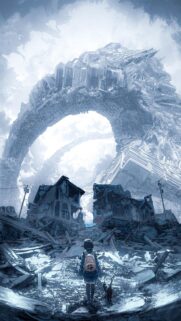 Post Apocalyptic Anime Girl Standing Amidst Ruined City Ruins Wallpaper
