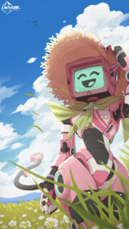 Cute Pink Robot Girl with Straw Hat in Sunny Meadow Mobile Wallpaper