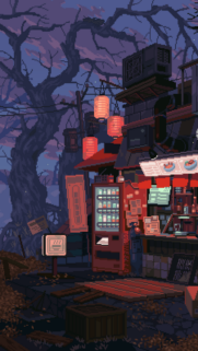 Cozy Pixel Art Night Stall Wallpaper with Glowing Lanterns and Autumn Vibes