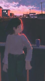 Anime Girl Watching Sunset Over Cityscape Digital Art Wallpaper